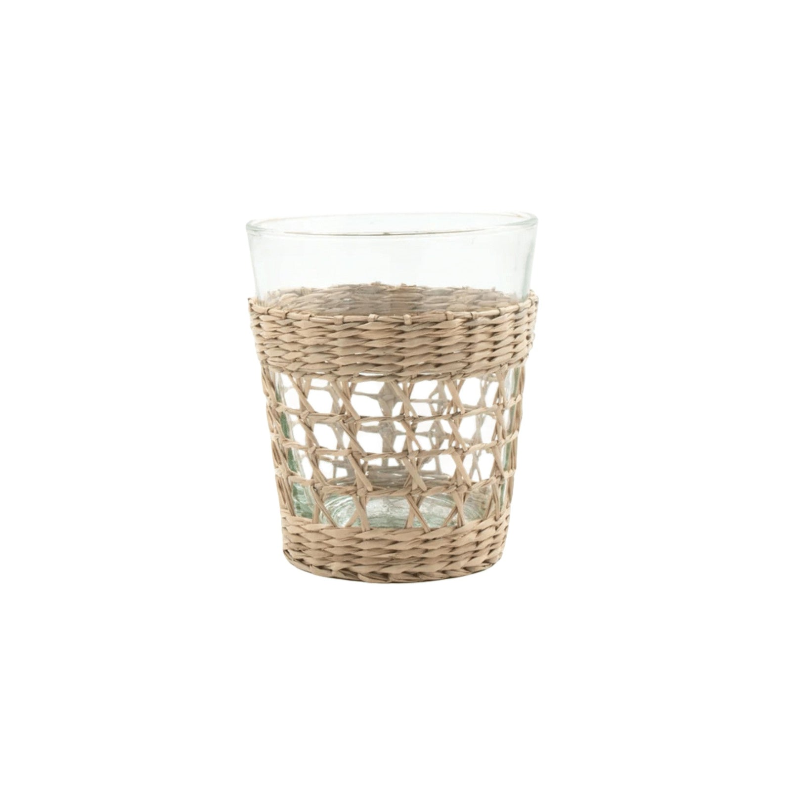 Calimia Home clear glass tumbler featuring a removable handwoven natural seagrass cage wrap for a coastal aesthetic.