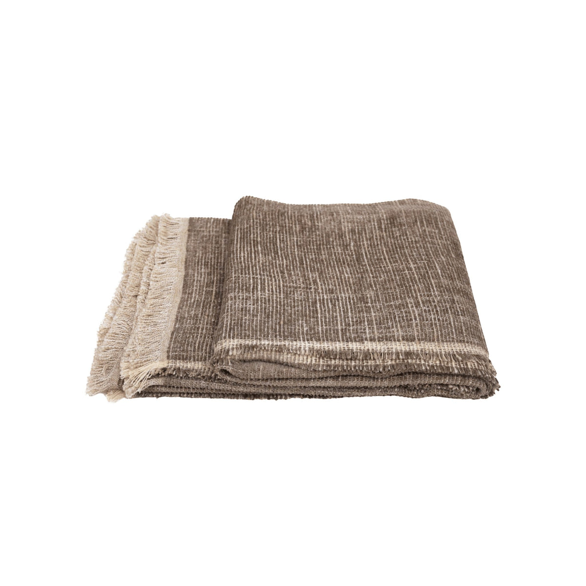 Calimia Home Serra mink chenille throw blanket with fringed edges, hand-woven in Belgium for a soft, textured finish.