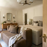 Primary bedroom walls and ceiling painted in Farrow & Ball Slipper Satin No.2004, Calimia Home Greenway project