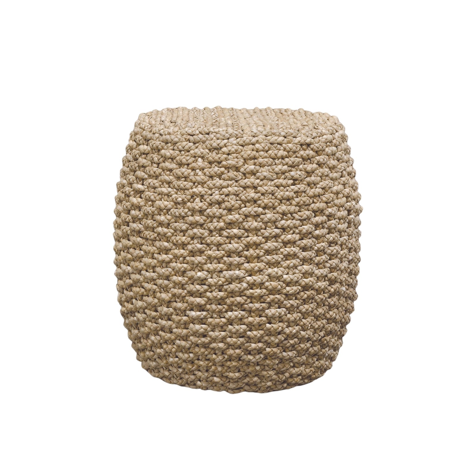 Calimia Home Spa Round Drum stool featuring a hand-braided natural split seagrass exterior on a stone-cast frame.