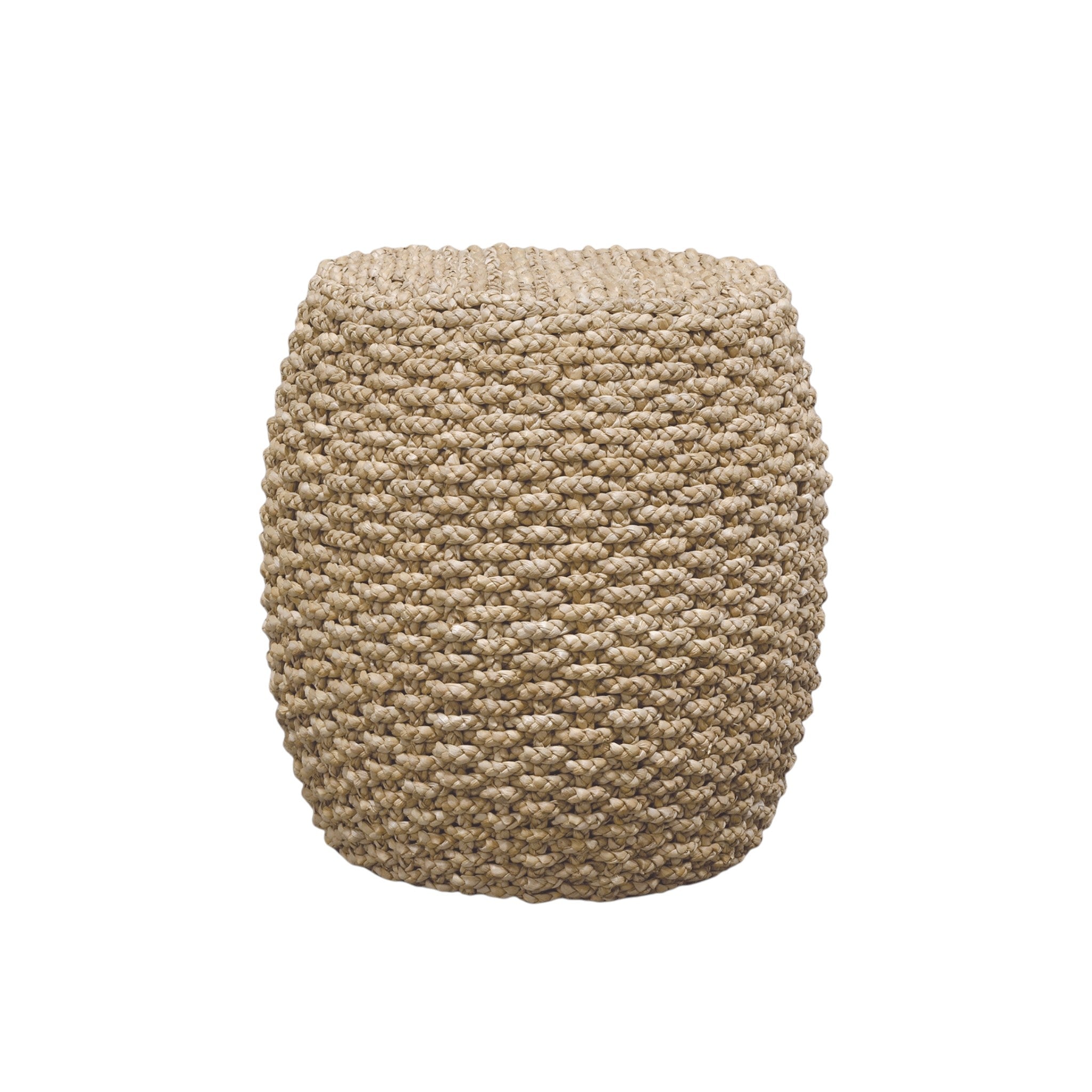 Calimia Home Spa Round Drum stool featuring a hand-braided natural split seagrass exterior on a stone-cast frame.