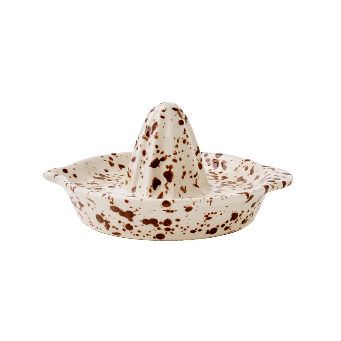 Sir Madam splatterware citrus juicer in Cacao, cream stoneware with dark brown splatter glaze, ridged cone and two side handles, on a white background.