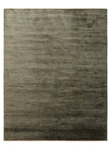 Armadillo Staccato Rug in Olivine, overhead view of the hand-knotted silk and linen weave and edge finish