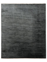 Armadillo Staccato Rug in Nightfall, overhead view of the hand-knotted silk and linen weave and edge finish