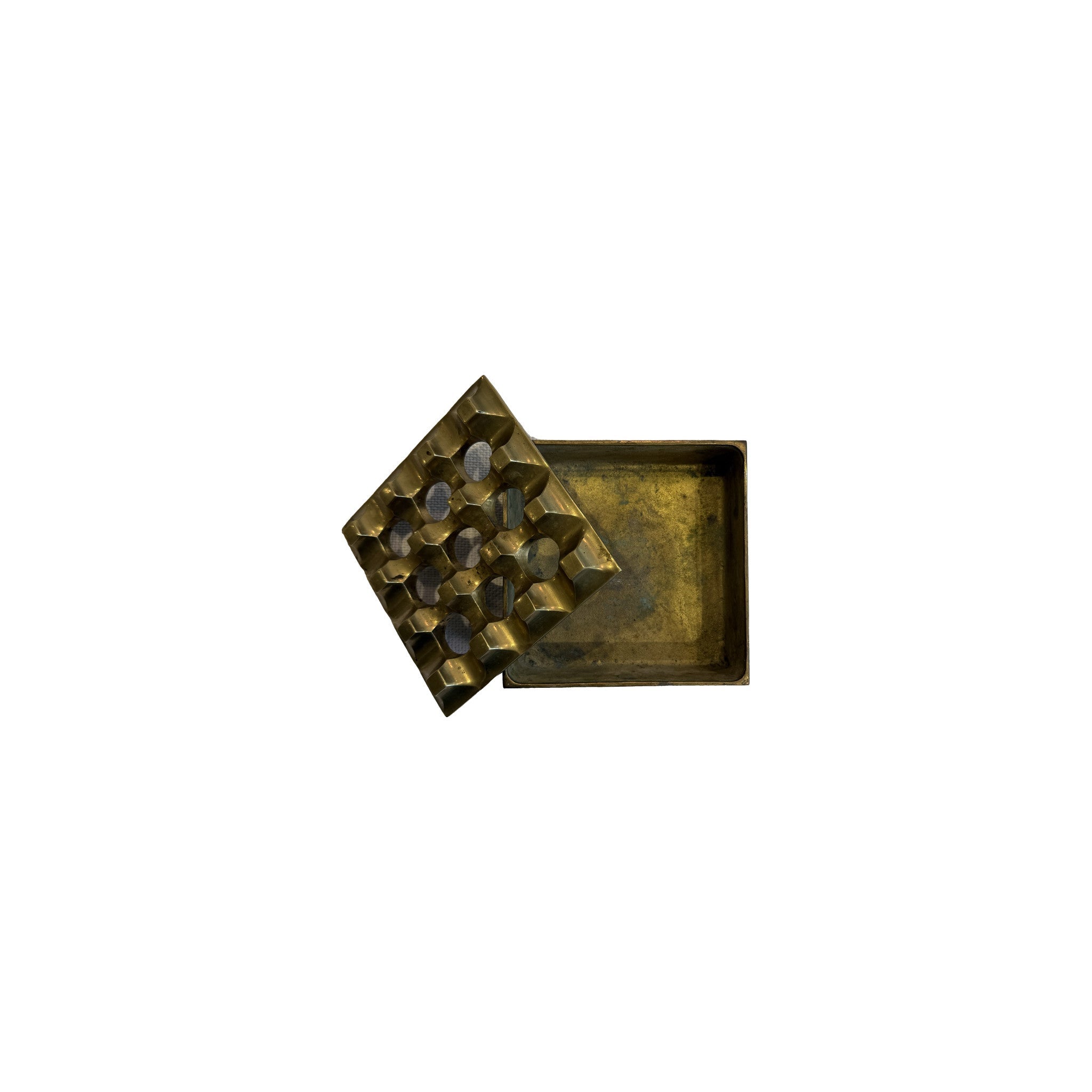 Vintage brass always empty ashtray, large, with the lattice top lifted off to show the deep tray beneath
