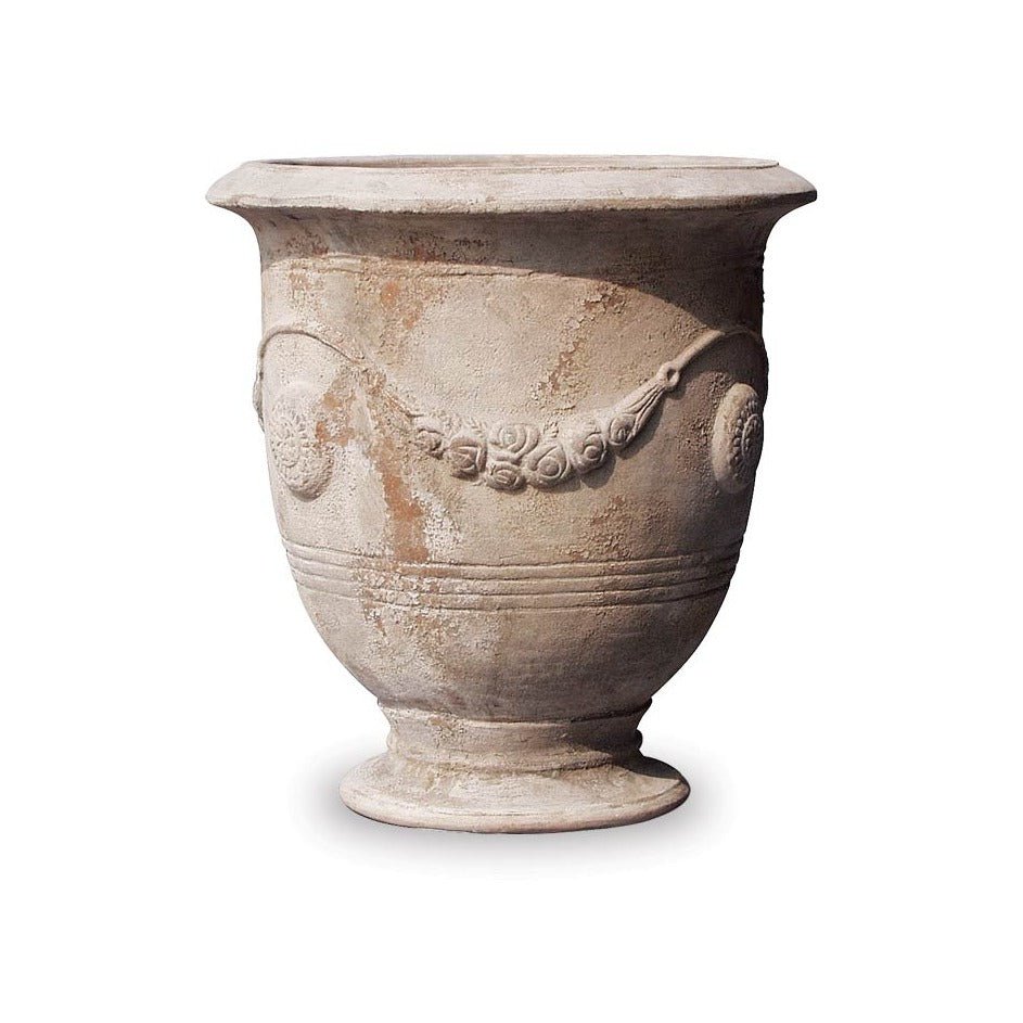 Terra Antico round urn with rose and medallion relief by The Pottery Patch | Calimia Home