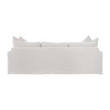 Calimia Home Terris slipcovered sofa in Oyster Haze Belgian linen with track arms and a plush bench seat back view