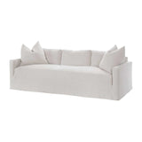 Calimia Home Terris sofa in oyster haze Belgian linen with a plush bench seat and track arms on a white background
