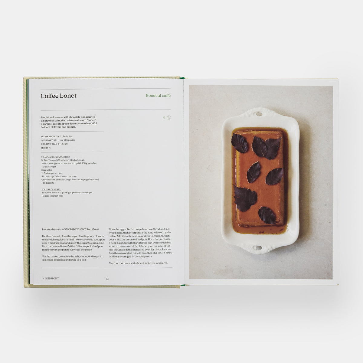 Calimia Home The Regional Italian Cookbook book open to a spread showing a coffee dessert recipe beside its photograph.