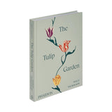 Calimia Home The Tulip Garden hardcover book featuring botanical illustrations of tulips on a sage green cover.