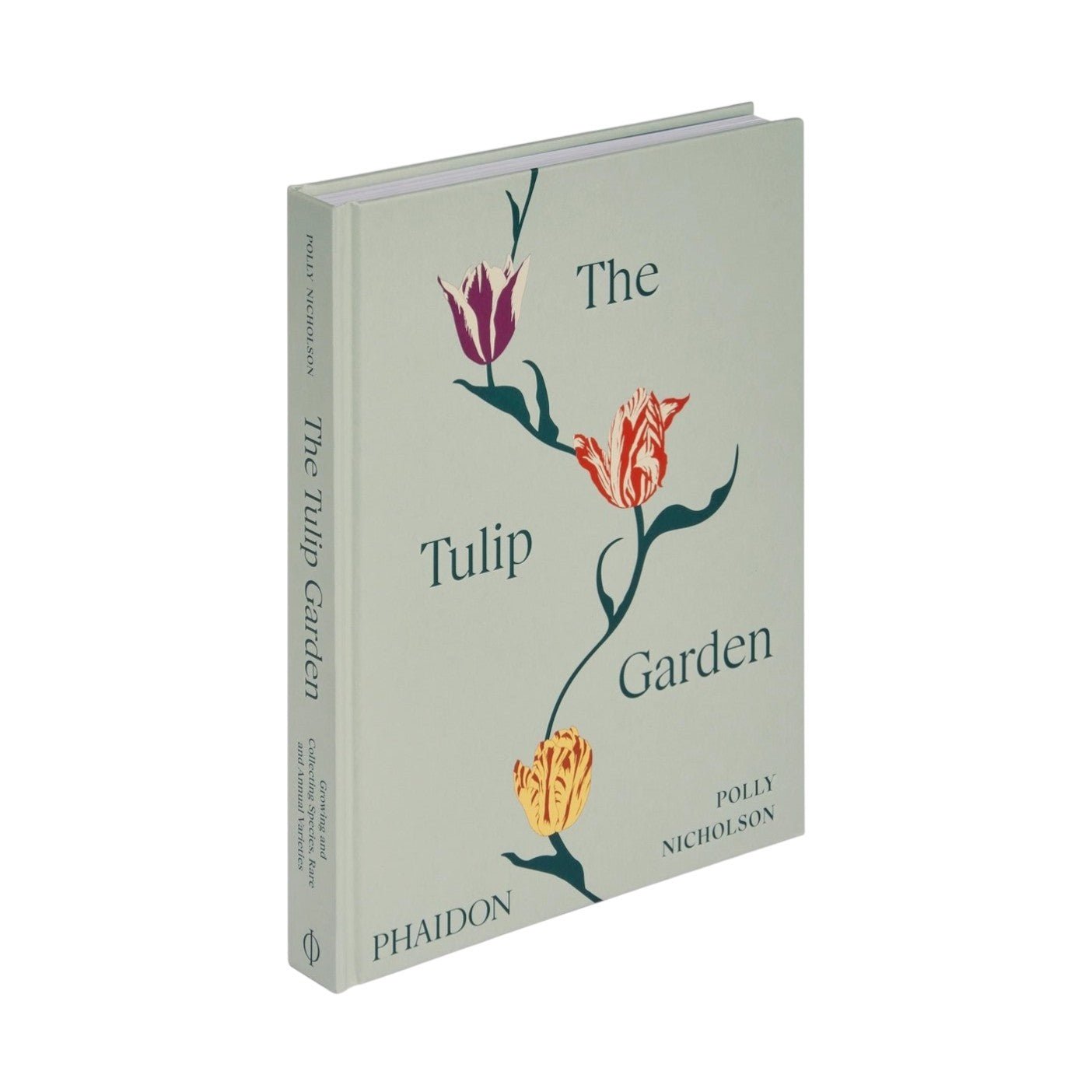Calimia Home The Tulip Garden hardcover book featuring botanical illustrations of tulips on a sage green cover.