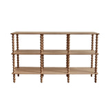 Calimia Home three-tier console table in natural oak with hand-turned bobbin spool legs and three wooden shelves.