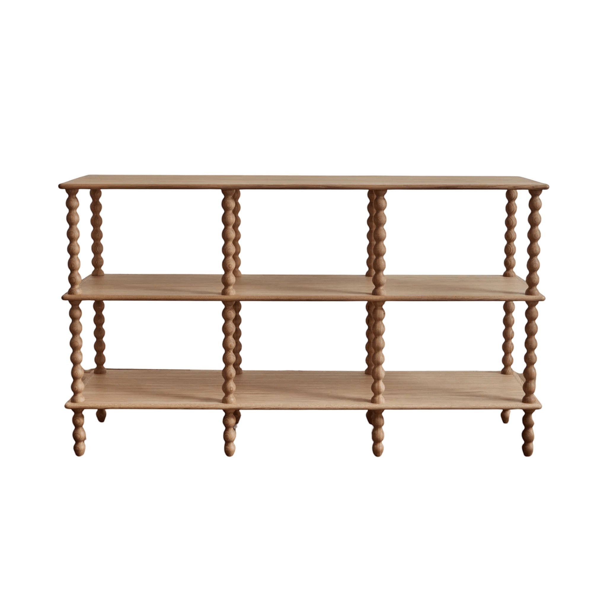 Calimia Home three-tier console table in natural oak with hand-turned bobbin spool legs and three wooden shelves.