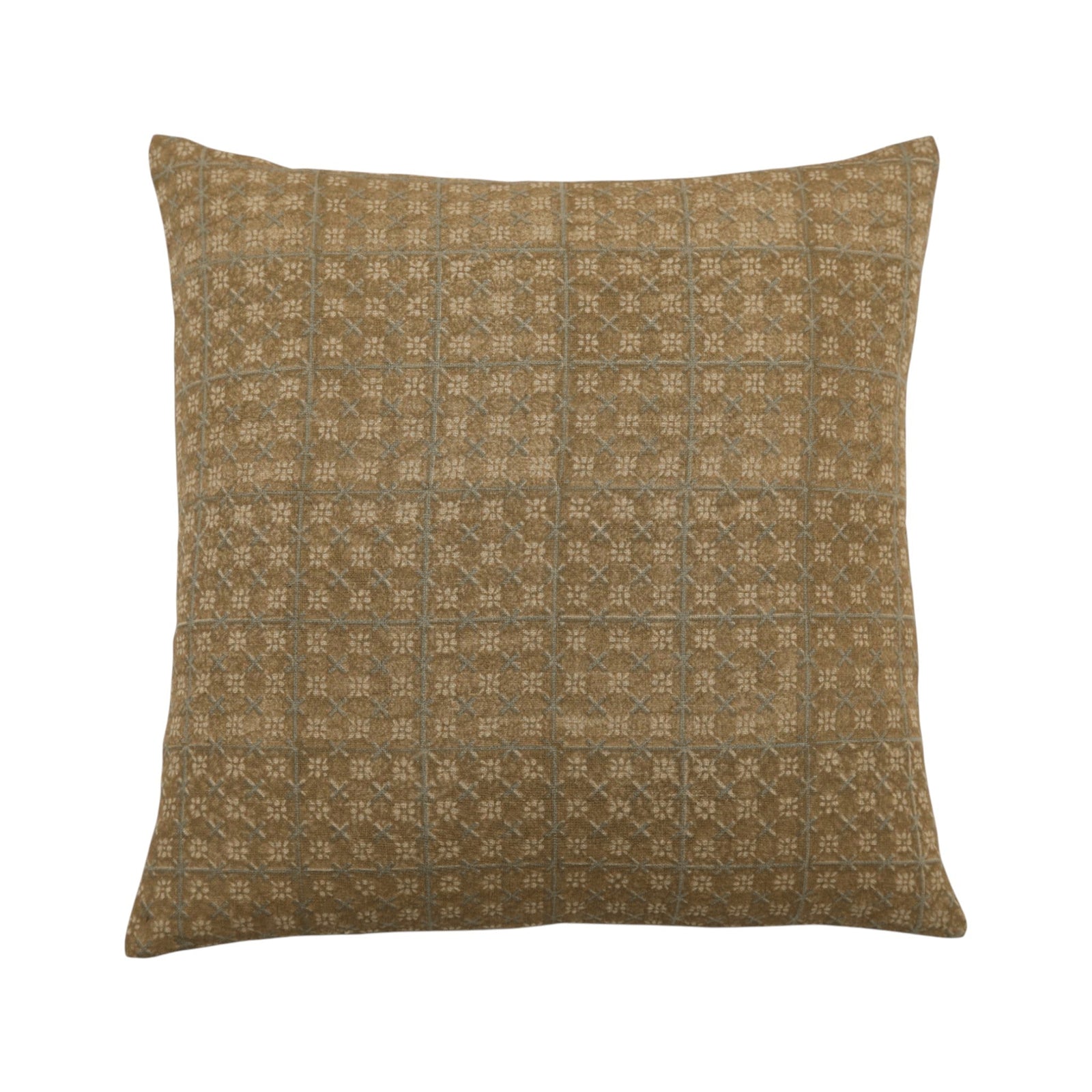 Calimia Home Titli Sand linen throw pillow with a delicate hand-block-printed grid and floral motif in neutral tones.