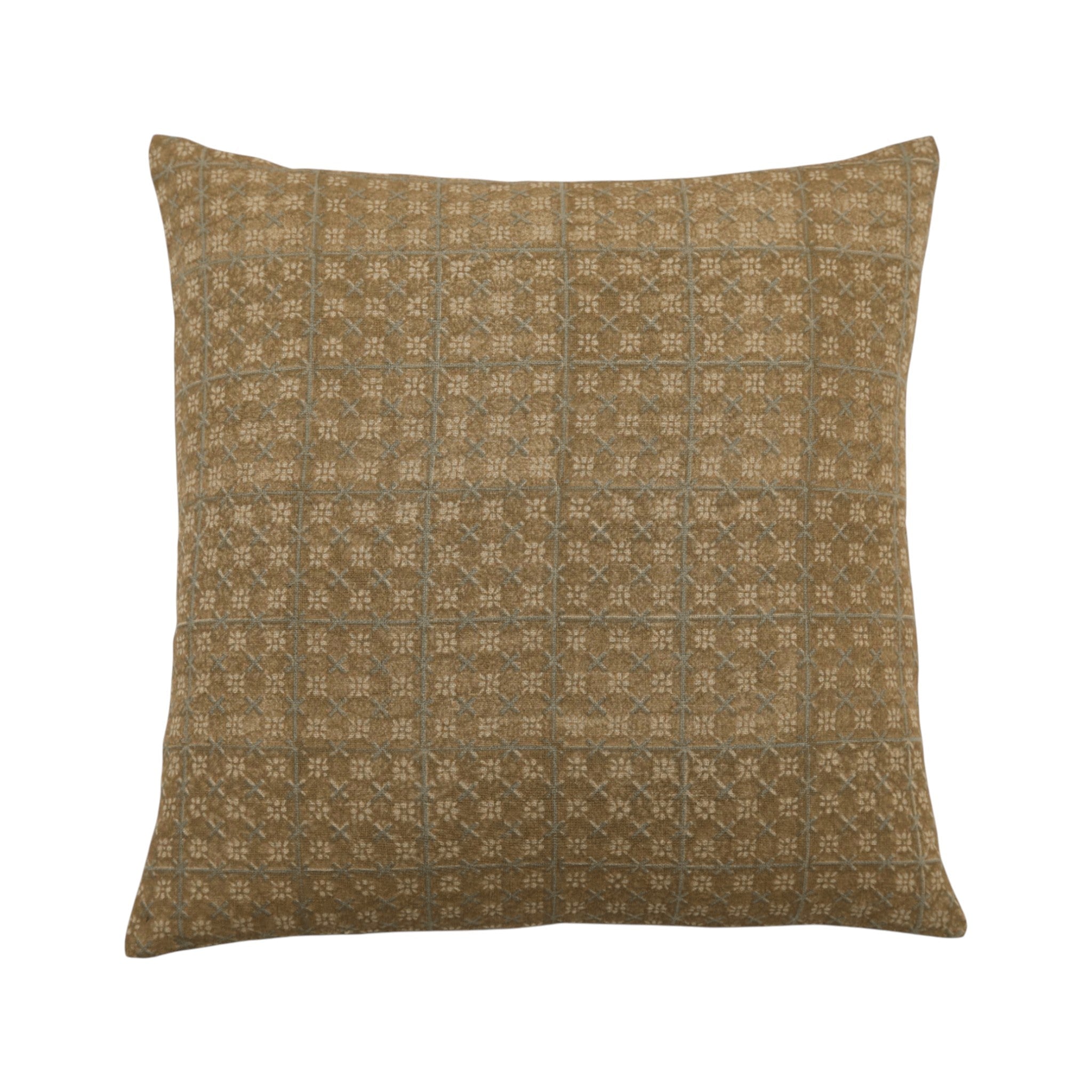 Calimia Home Titli Sand linen throw pillow with a delicate hand-block-printed grid and floral motif in neutral tones.