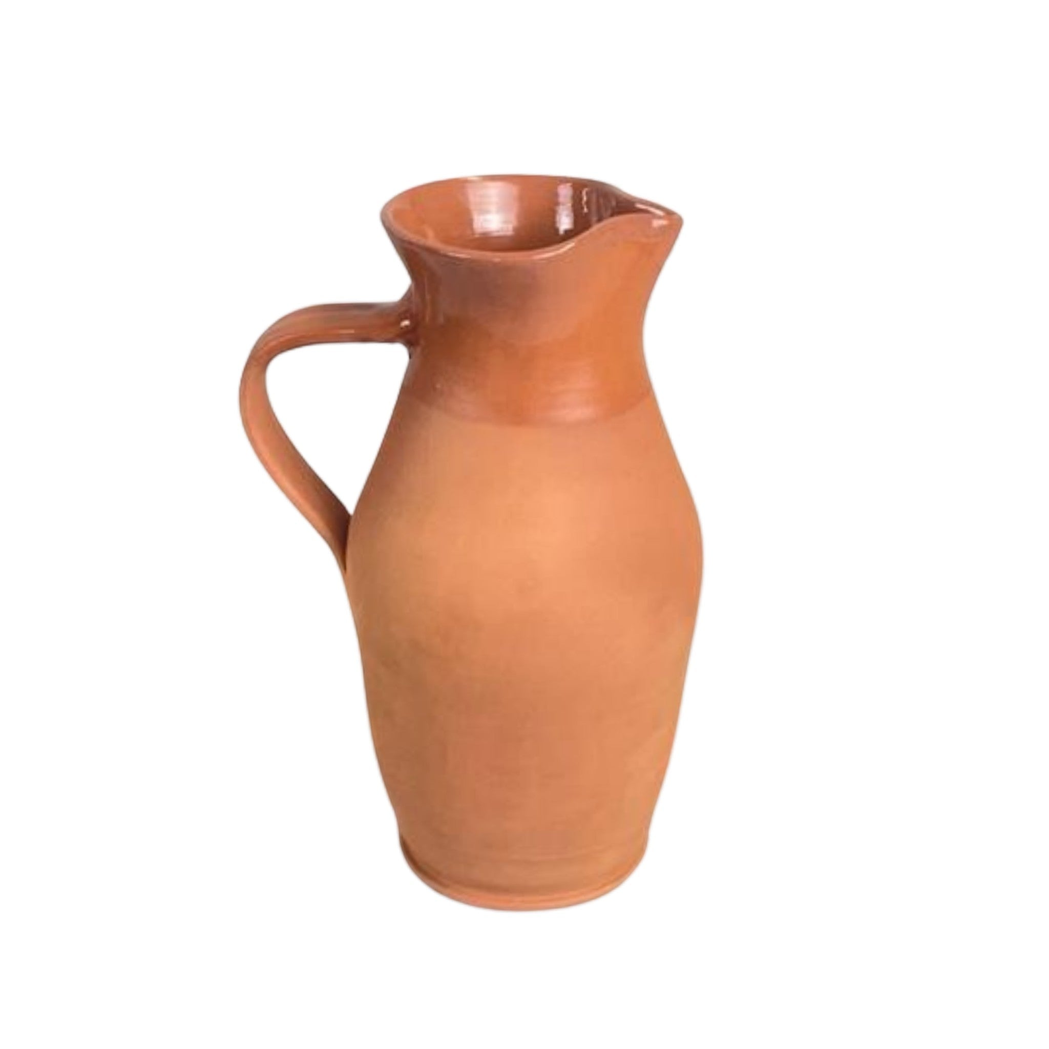 Calimia Home handmade Portuguese terracotta pitcher with a warm earthy tone and a classic glazed rim design.