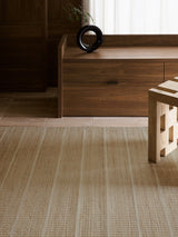 Armadillo Trellis Rug in Natural & Sandstone, overhead view of the handwoven wool and jute weave and edge finish
