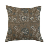 Calimia Home Tulip Sand linen pillow with hand-block-printed gray and teal floral motif on a neutral beige background.