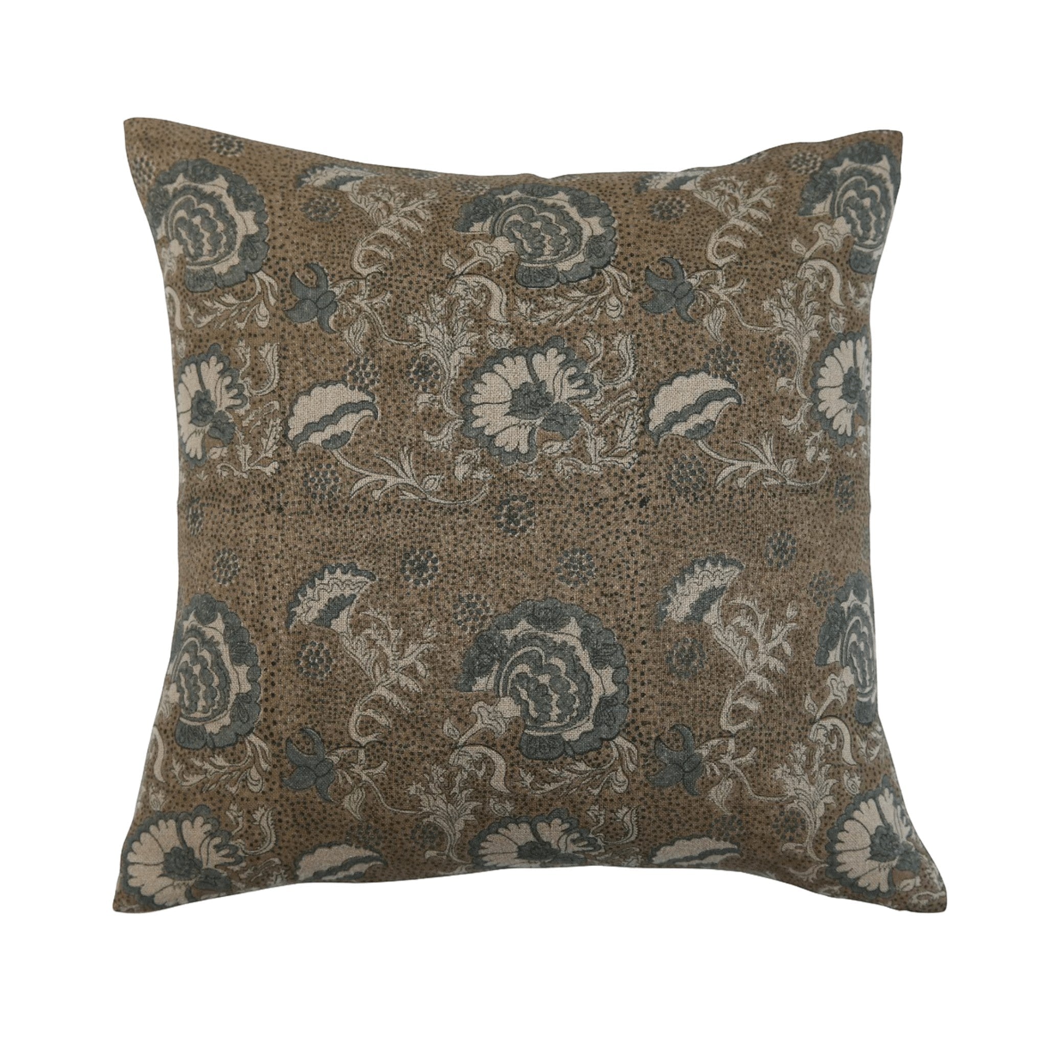 Calimia Home Tulip Sand linen pillow with hand-block-printed gray and teal floral motif on a neutral beige background.