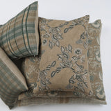 Calimia Home Tulip Sand linen pillow with hand-block-printed gray and teal floral motif and feather down insert