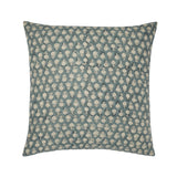 Calimia Home Tulsi pillow in teal linen with a hand-block-printed floral motif and premium feather down insert.