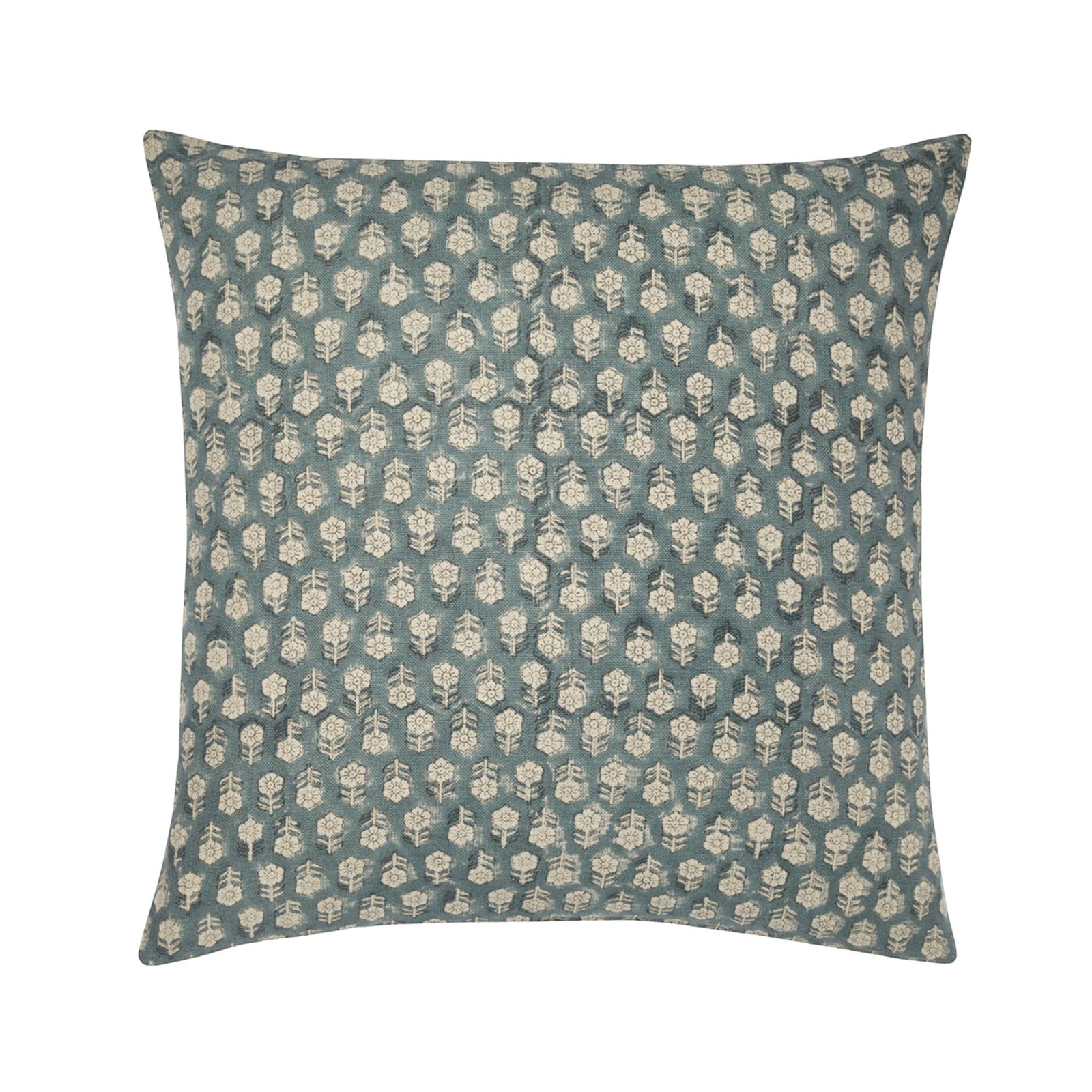 Calimia Home Tulsi pillow in teal linen with a hand-block-printed floral motif and premium feather down insert.
