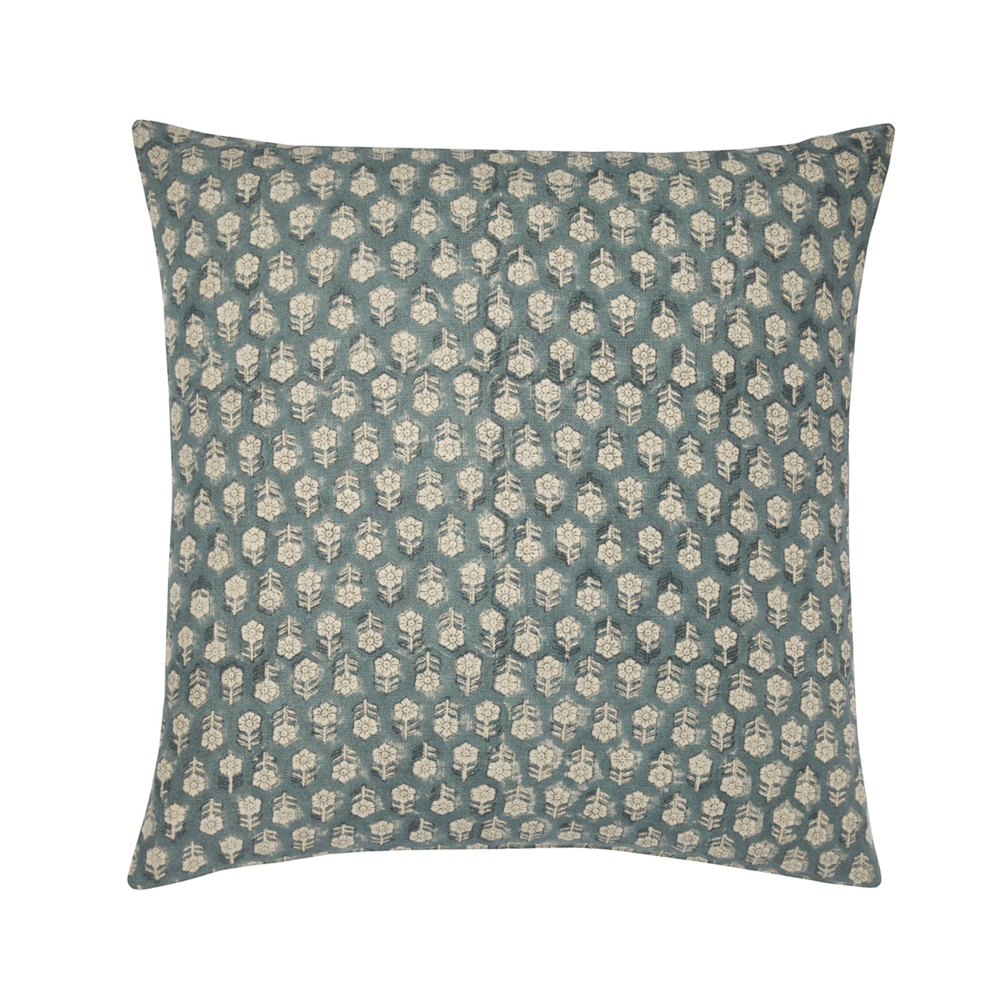 Calimia Home Tulsi pillow in teal linen with a hand-block-printed floral motif and premium feather down insert.