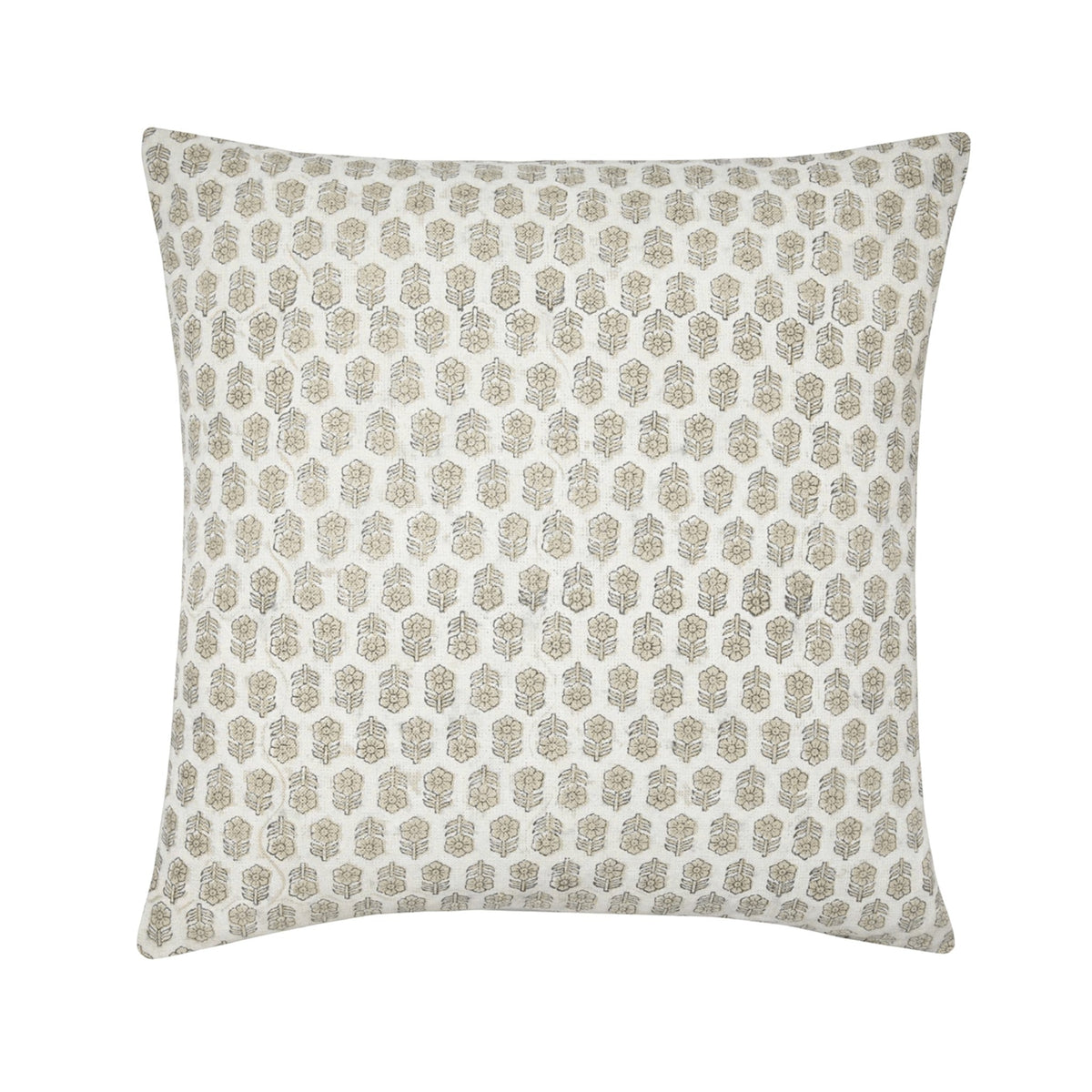 Calimia Home Tulsi pillow in natural linen with a white hand-block-printed floral motif and feather down insert.