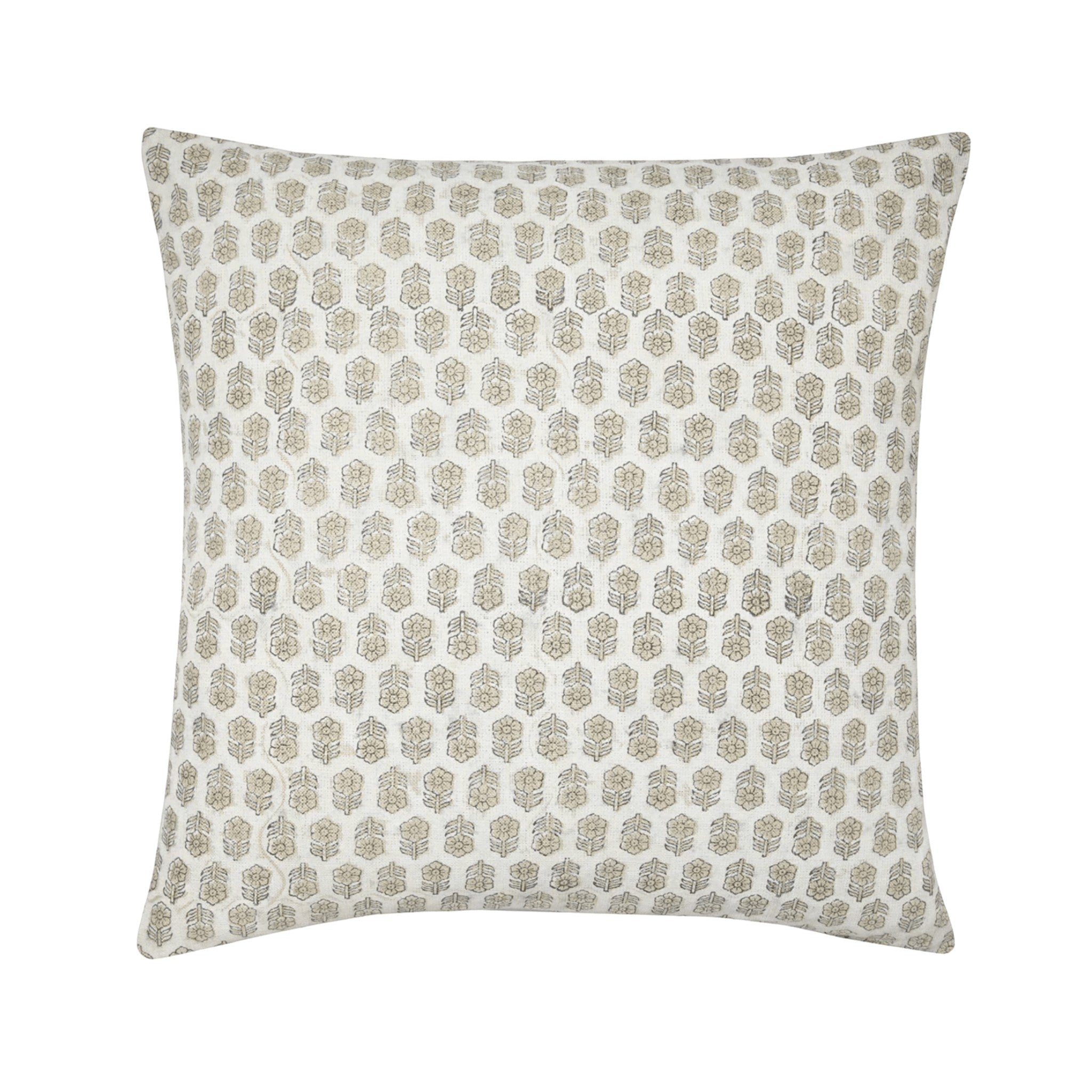 Calimia Home Tulsi pillow in natural linen with a white hand-block-printed floral motif and feather down insert.