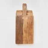Large reclaimed oak cutting board styled with cheese and bread