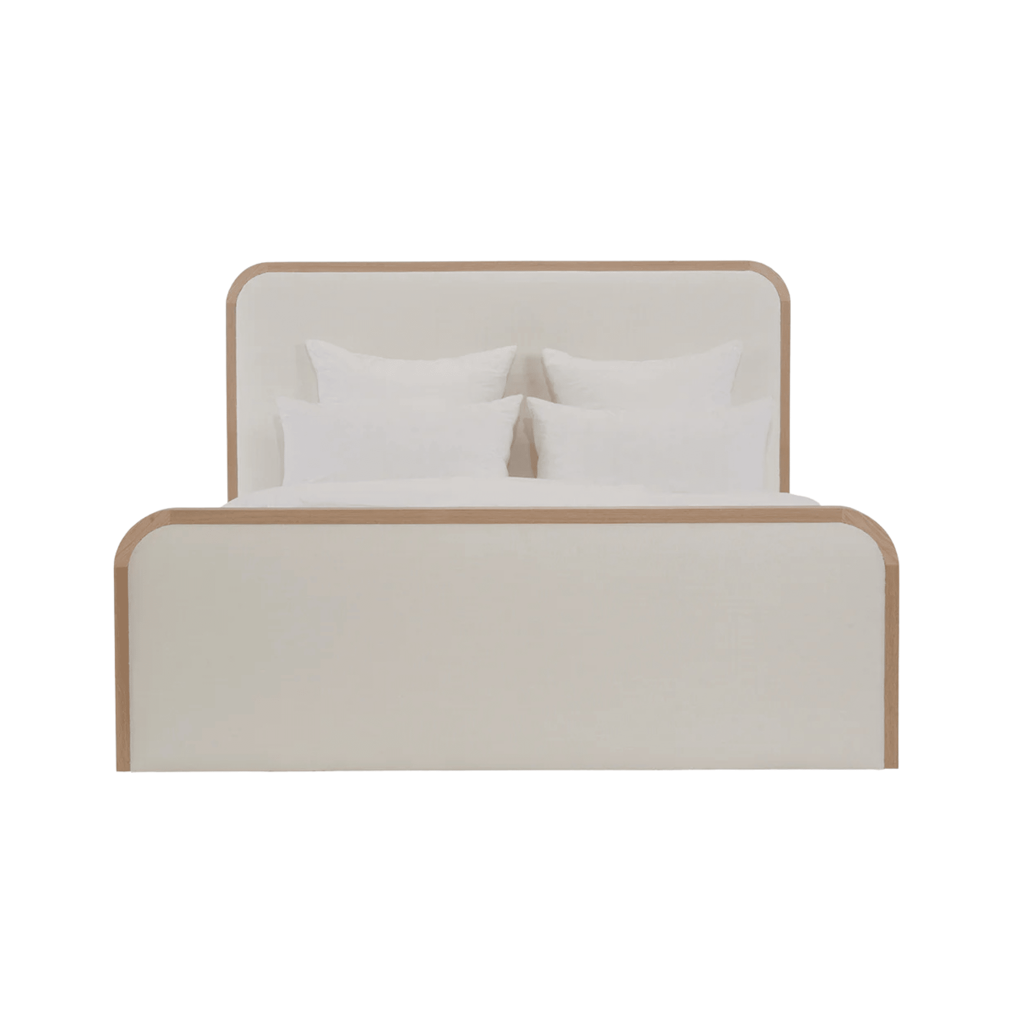 Beige upholstered bed with white pillows on a white background