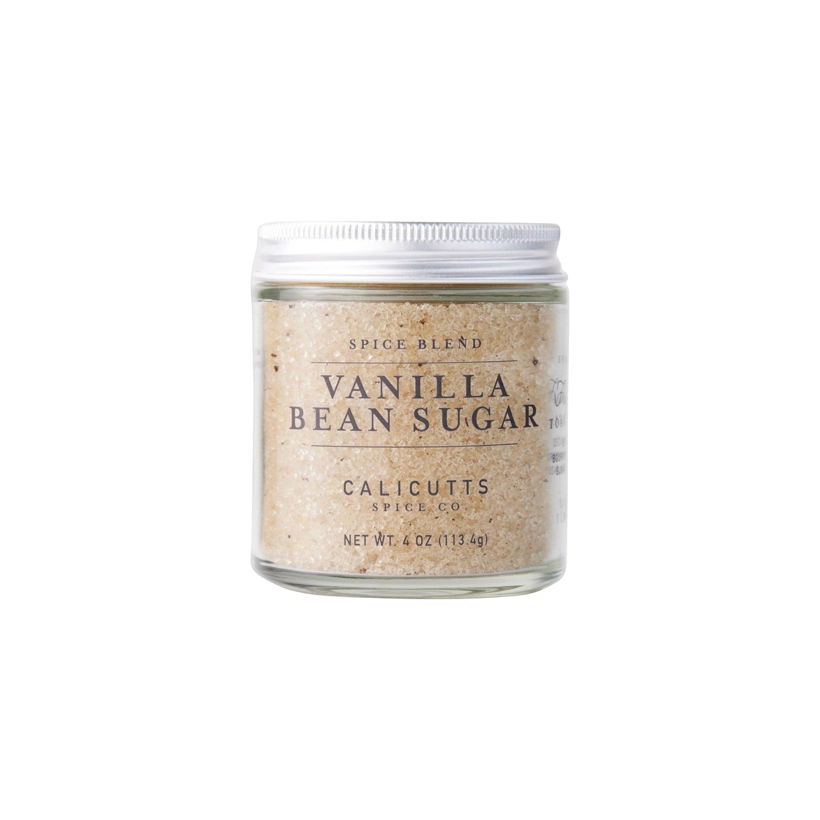 Calicutts 4 oz jar of Vanilla Bean Sugar blend with Madagascar bourbon vanilla beans and cane sugar
