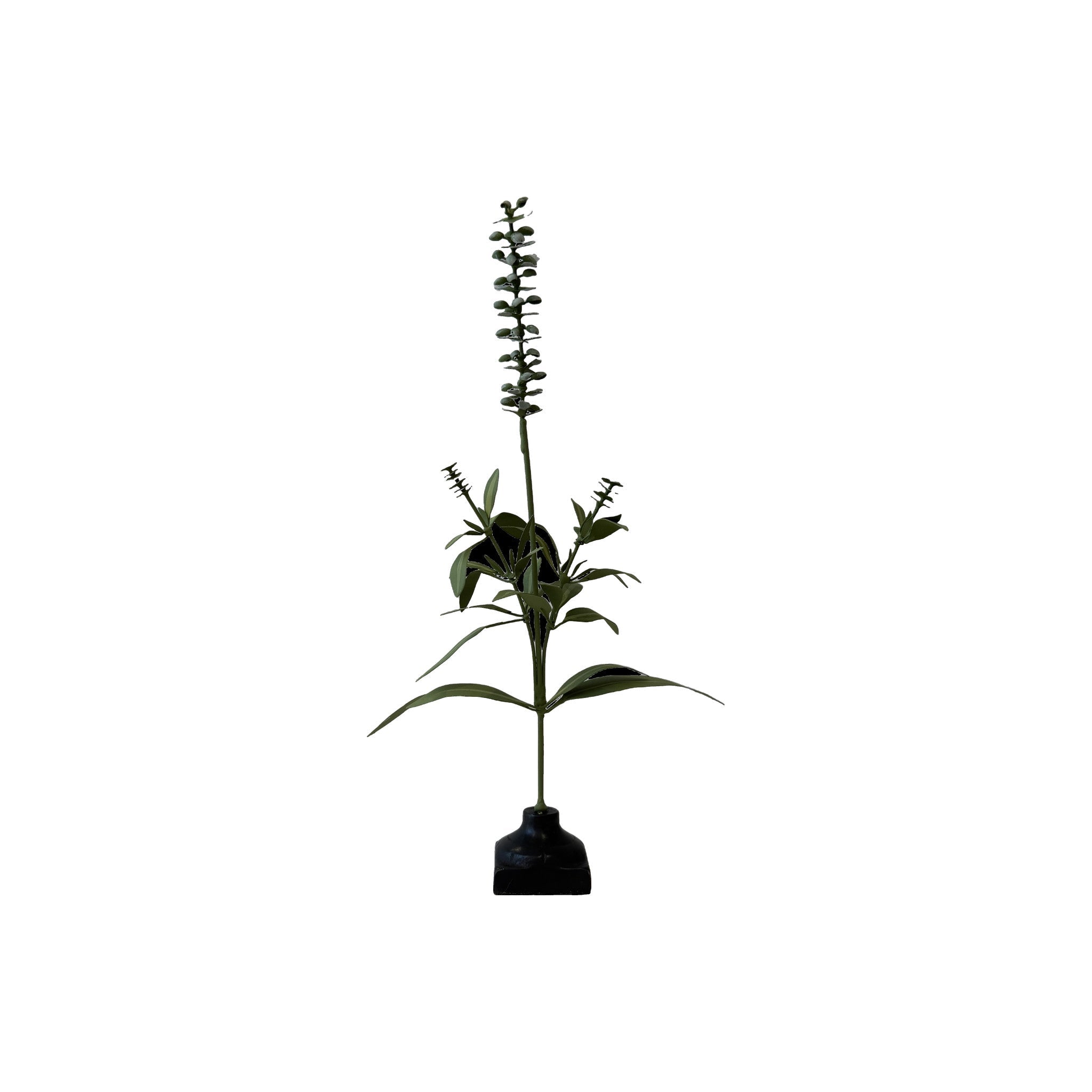 Vintage matte black bud vase on a square base holding a tall faux foliage stem with narrow green leaves