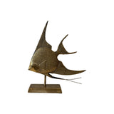 Vintage brass angelfish sculpture on a rectangular plinth, long tapering dorsal and anal fins with fine cast scale work and wire barbels