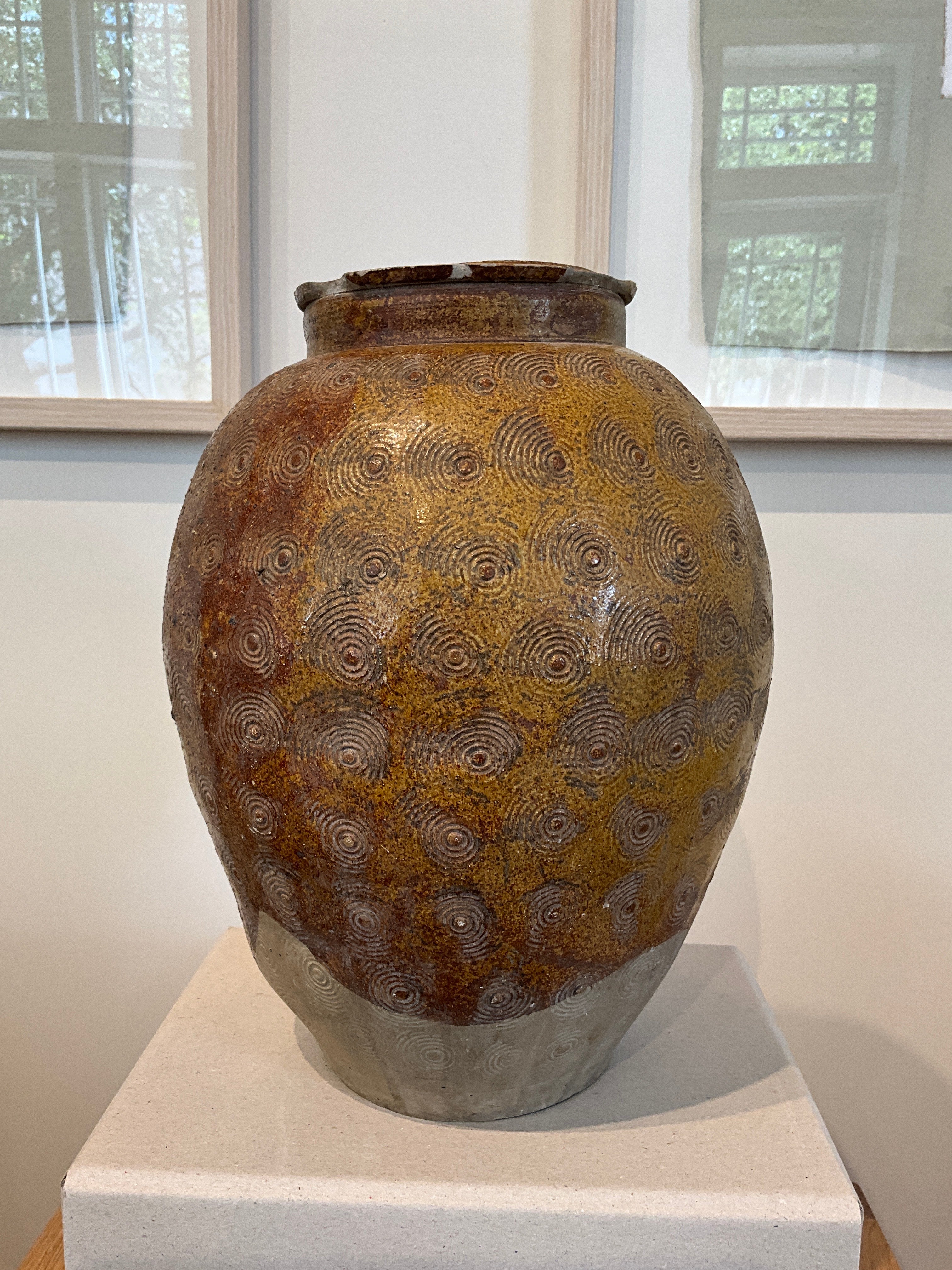 Vintage Brown Ceramic Jar with Circle imprints