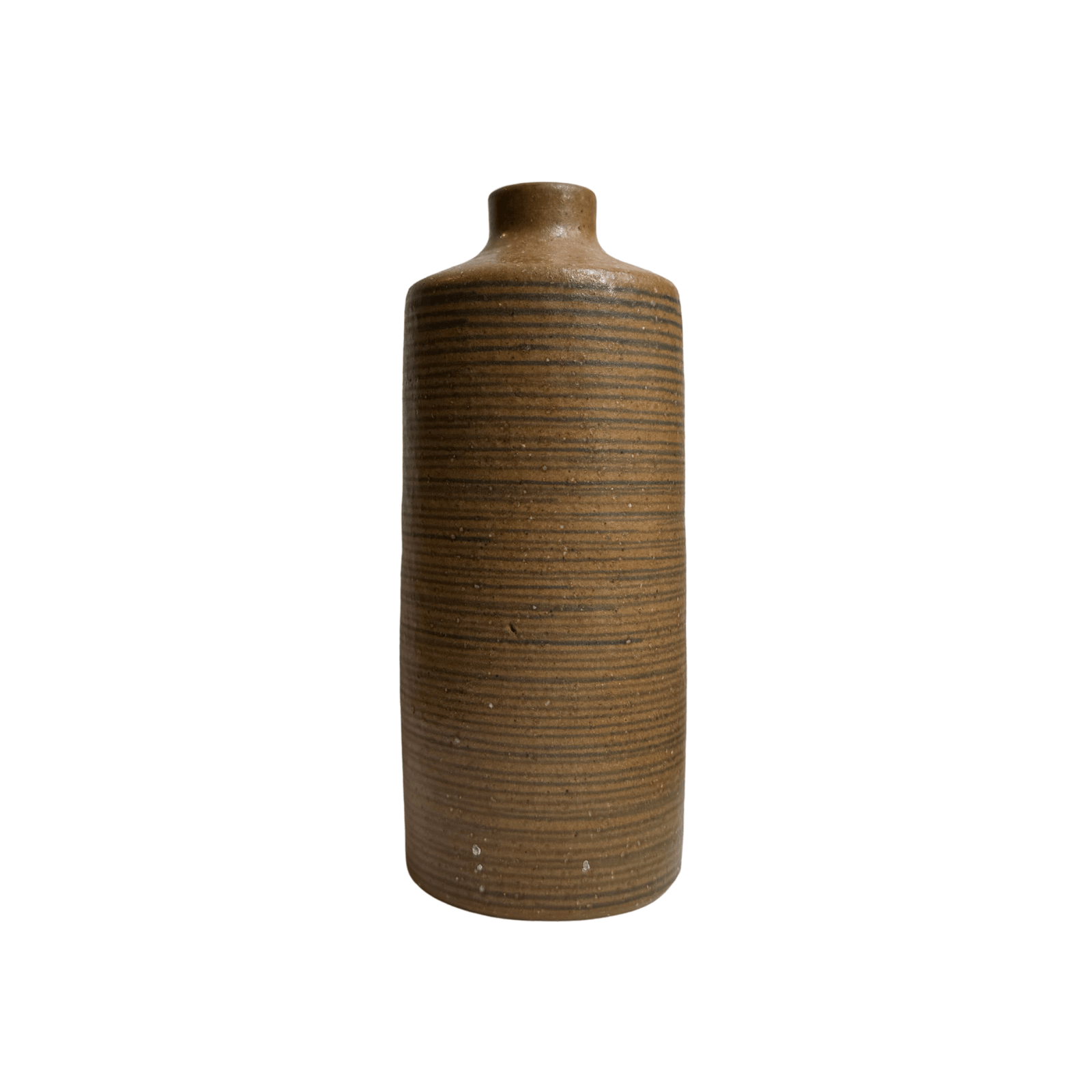Vintage ceramic bud vase with blue lines — white background
