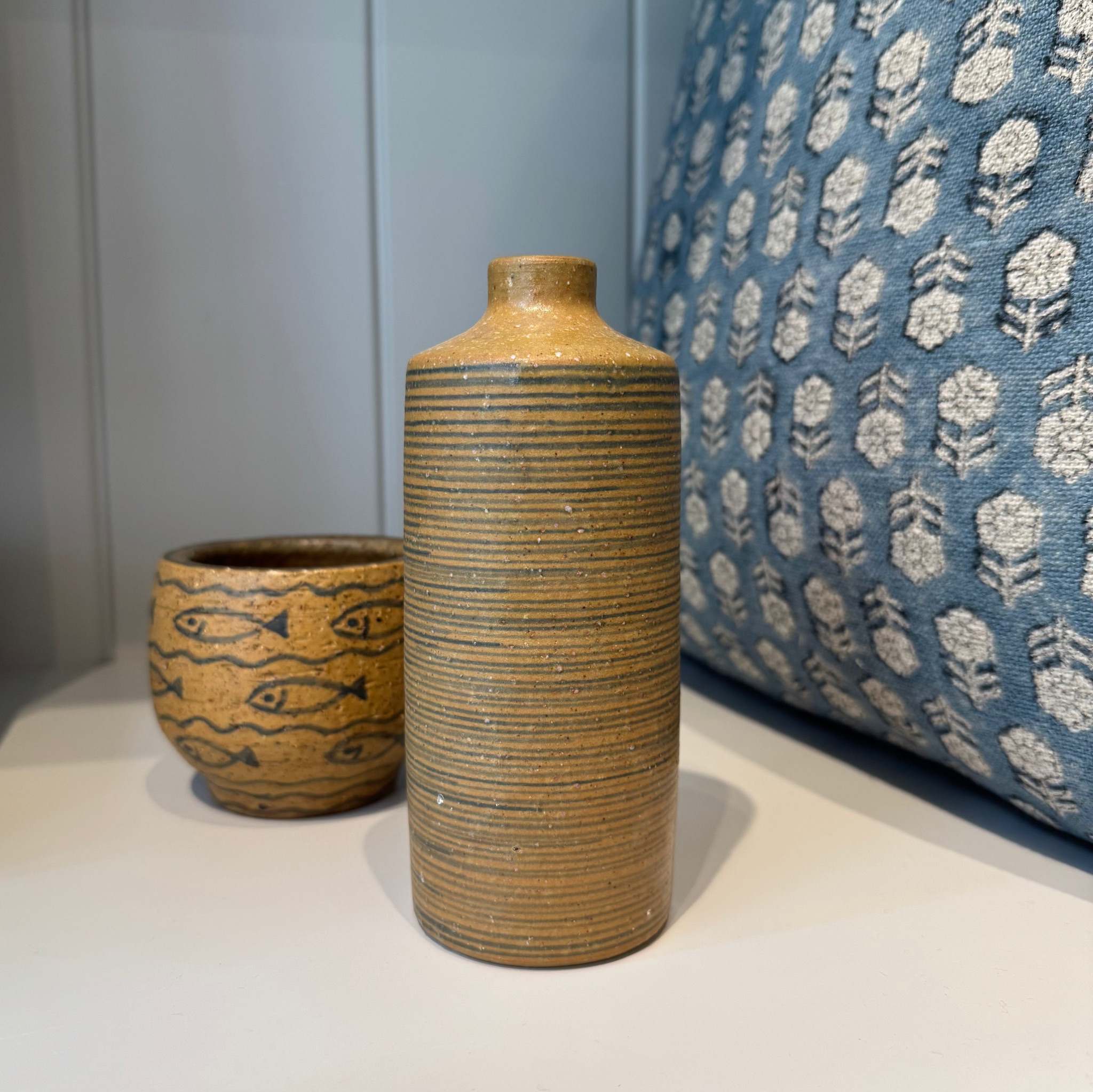 Vintage ceramic bud vase with blue lines — handmade, sourced from Sweden