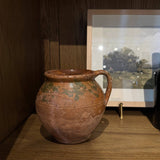 Vintage ceramic splatter vase with handle — detail view