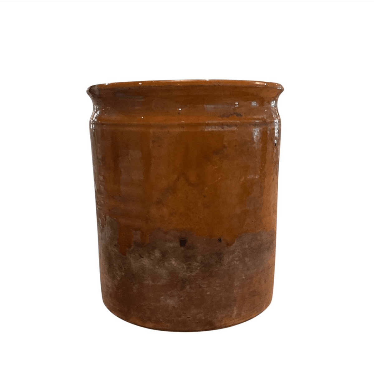 Calimia Home vintage medium stoneware crock with a rustic two-tone brown glazed finish and farmhouse aesthetic.