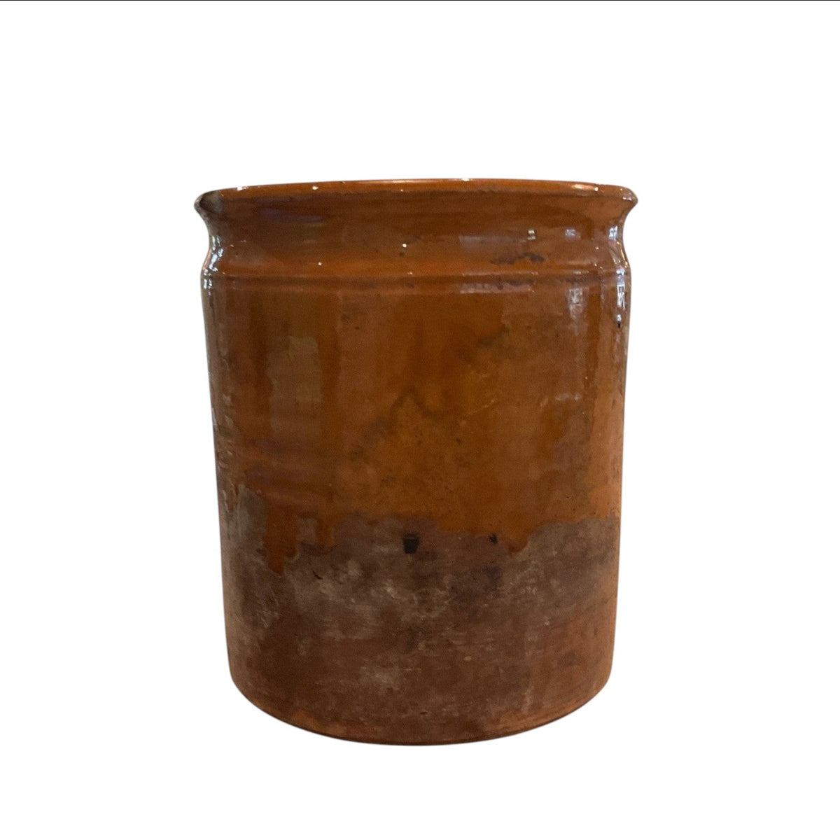 Calimia Home vintage medium stoneware crock with a rustic two-tone brown glazed finish and farmhouse aesthetic.