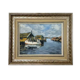Vintage oil painting of a harbor scene with sailboat, soft brushwork, warm muted tones, gilded wood frame