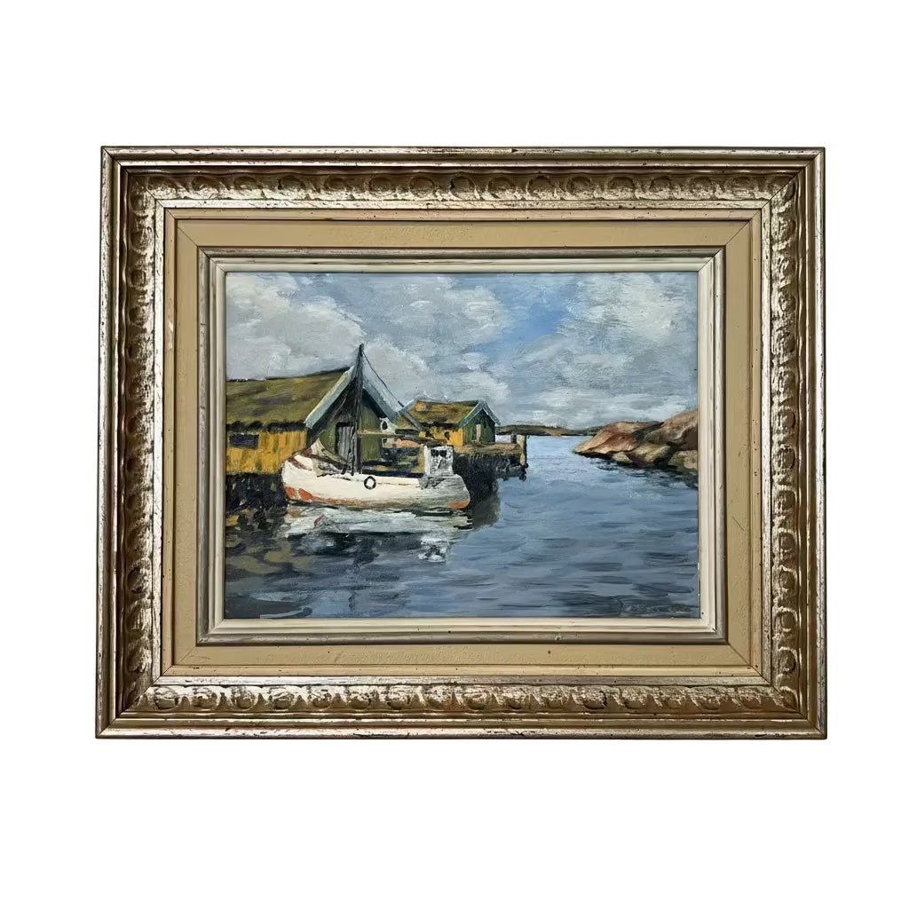 Vintage oil painting of a harbor scene with sailboat, soft brushwork, warm muted tones, gilded wood frame