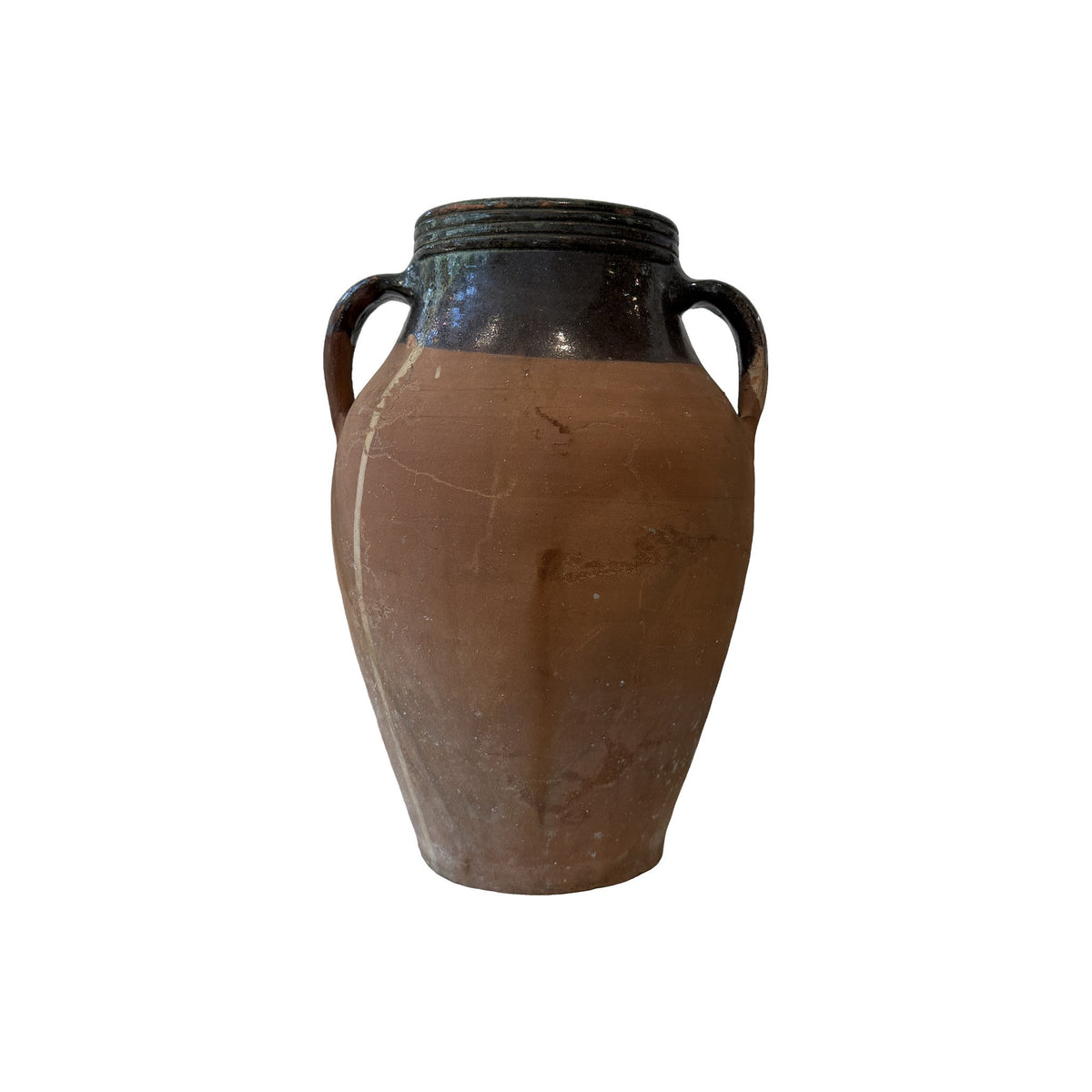 Vintage two-handled terracotta olive jar with dark treacle-glazed neck and shoulder over a weathered unglazed body