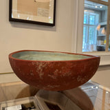Vintage red and blue wooden bowl — detail view