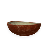 Calimia Home vintage wooden bowl with a weathered red exterior and a muted blue interior finish.