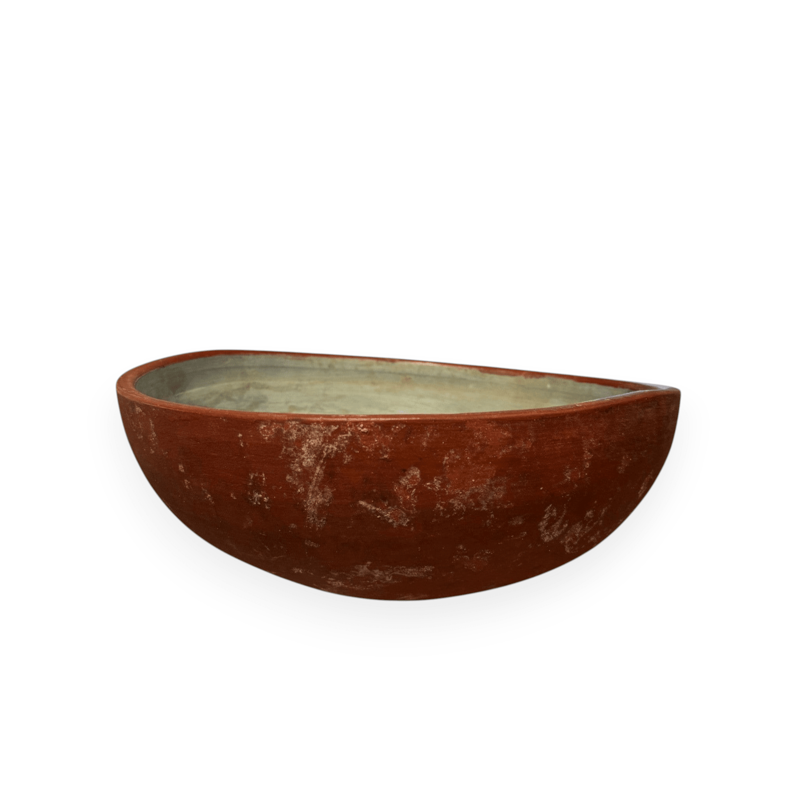 Calimia Home vintage wooden bowl with a weathered red exterior and a muted blue interior finish.