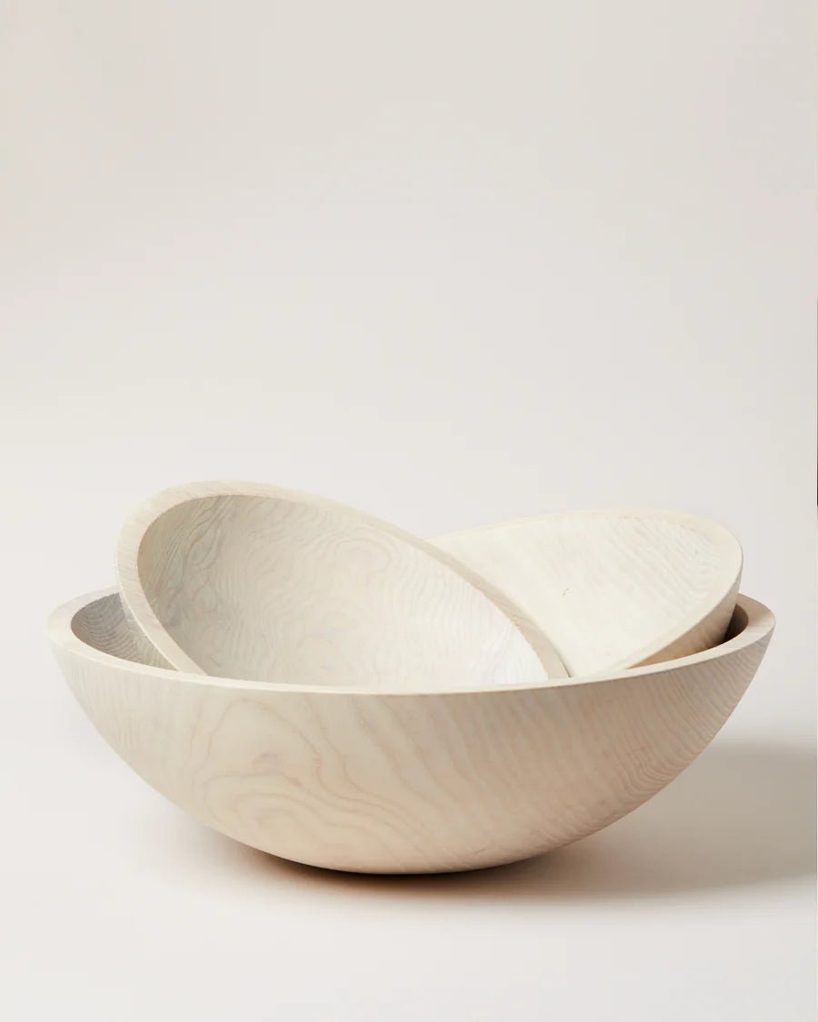 White hand-carved wooden bowl, natural ash grain, Farmhouse Pottery
