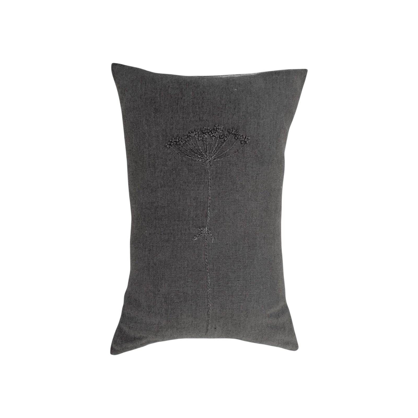 Wildflower Charcoal Lumbar Pillow by One Bi One — hand-embroidered wool wildflower motif on Belgian linen in deep charcoal, handcrafted in Gothenburg, Sweden