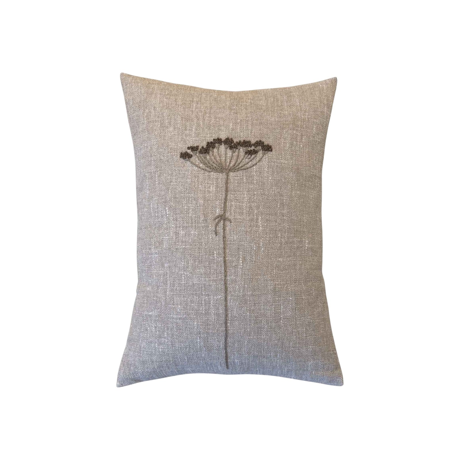 Wildflower Taupe Lumbar Pillow by One Bi One — hand-embroidered wool floral motif on Belgian linen, handcrafted in Gothenburg, Sweden