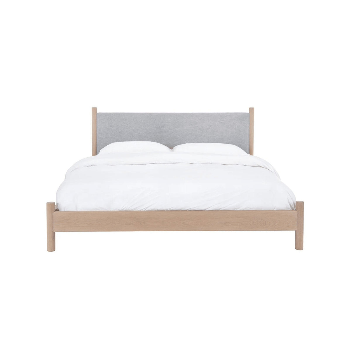 Calimia Home Wilfred Bed with a light oak frame and a grey upholstered headboard in a clean modern design